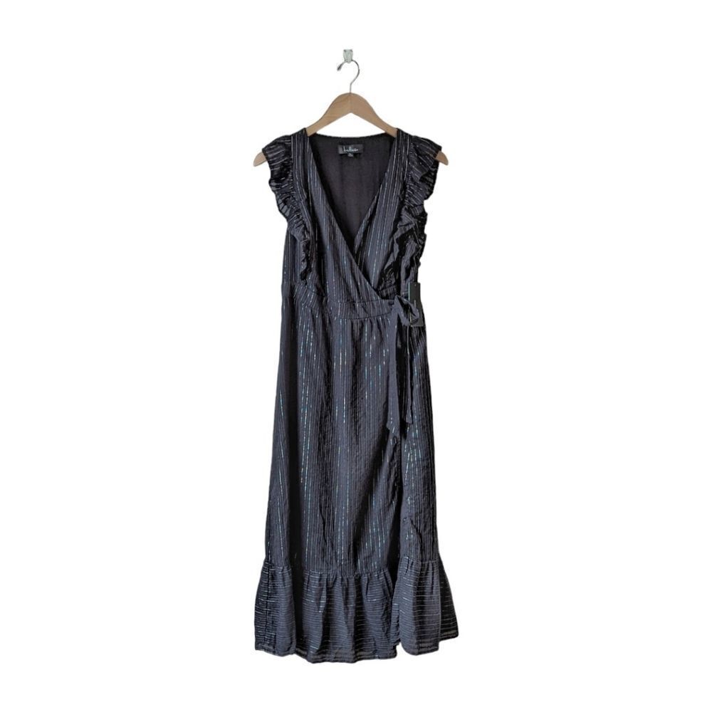 Lulu’s Black‎ Metallic Silver Striped Ruffled Wrap Midi Dress Sz L NWT